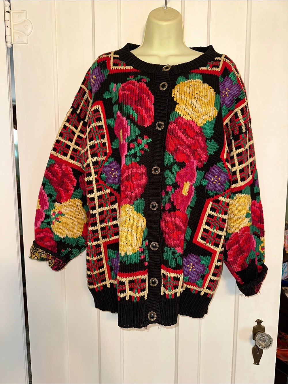 Vtg  80s Traditional Trading Co  Black Floral Button-Front Cardigan Sweater/Coat